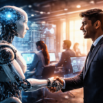 Futuristic human and AI interaction representing changing job market and automation