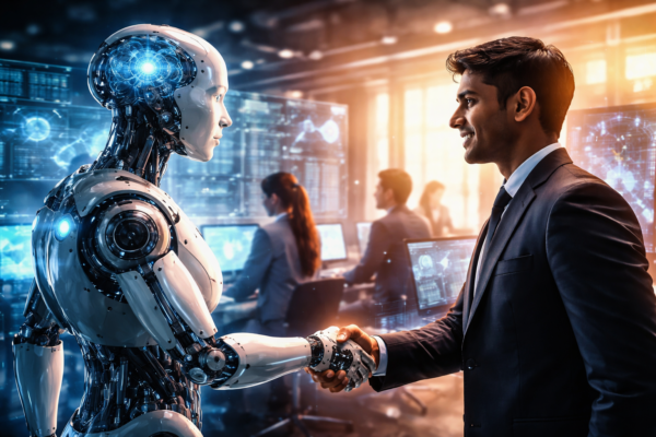 Futuristic human and AI interaction representing changing job market and automation