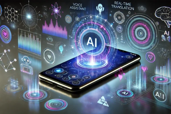 Futuristic AI-powered smartphone with intelligent interface