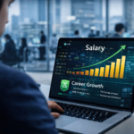 IT professional reviewing salary growth and career progress on laptop with corporate background