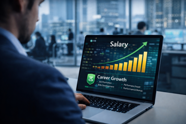 IT professional reviewing salary growth and career progress on laptop with corporate background