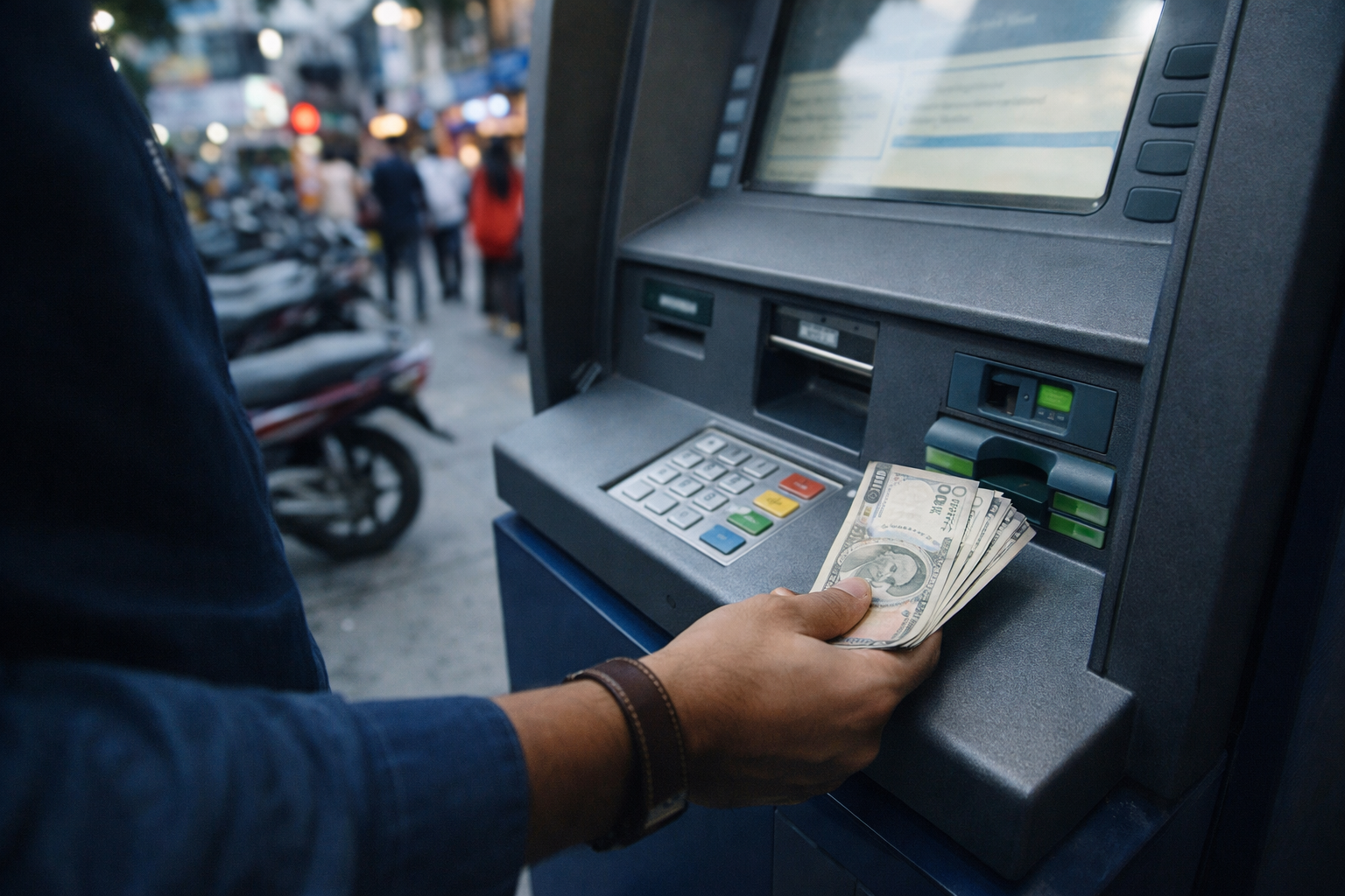 Person withdrawing cash from ATM machine representing banking rule changes