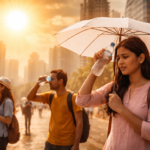 Hot sun over city with people shielding themselves from extreme heat