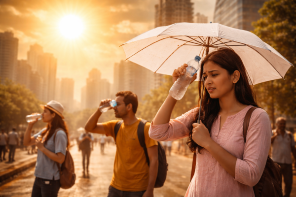 Hot sun over city with people shielding themselves from extreme heat