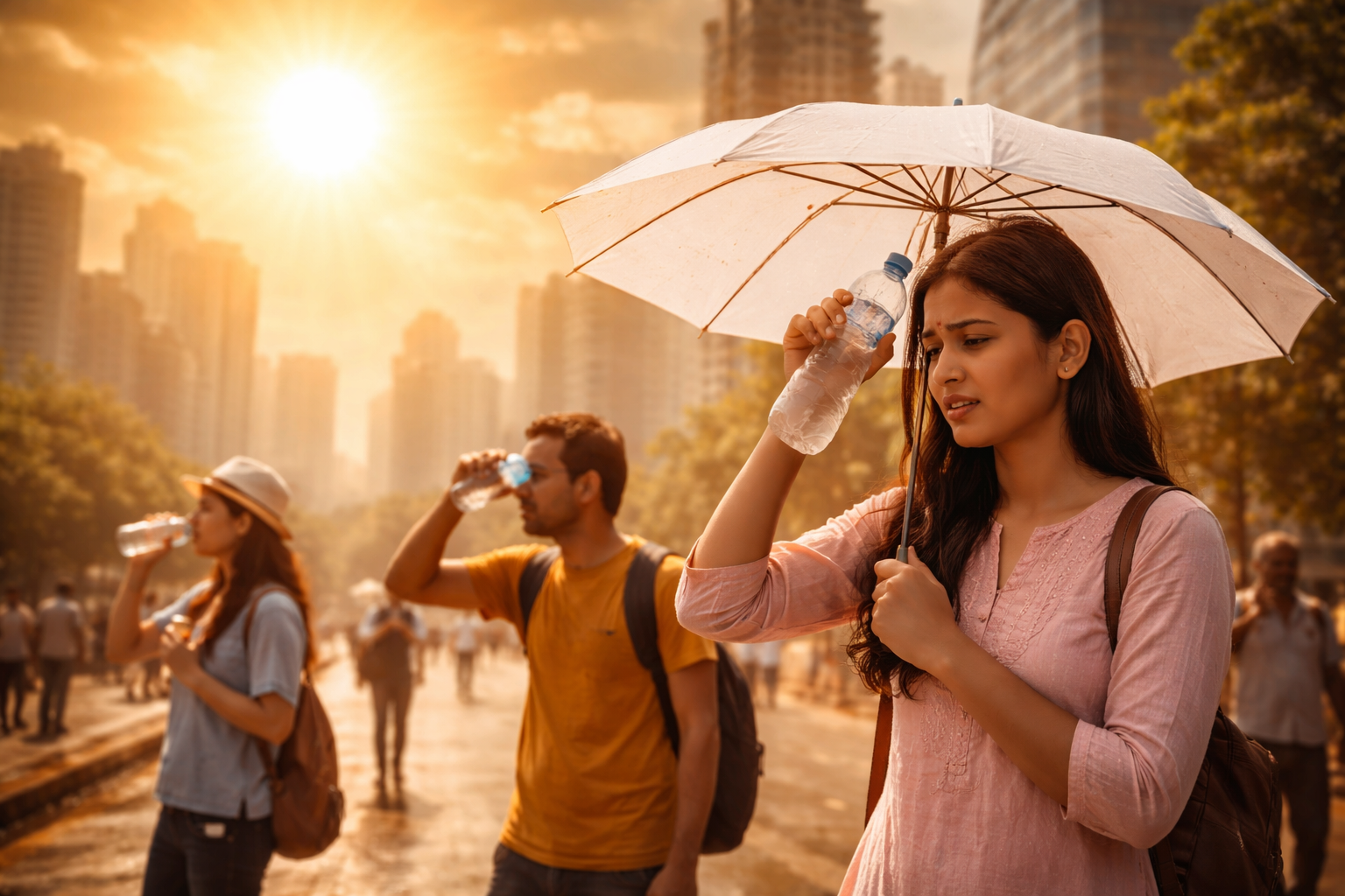 Hot sun over city with people shielding themselves from extreme heat