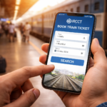 Passenger booking train ticket on smartphone with railway station background