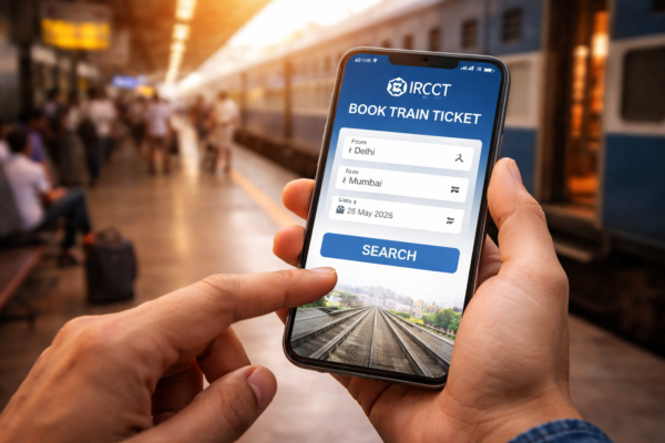Passenger booking train ticket on smartphone with railway station background