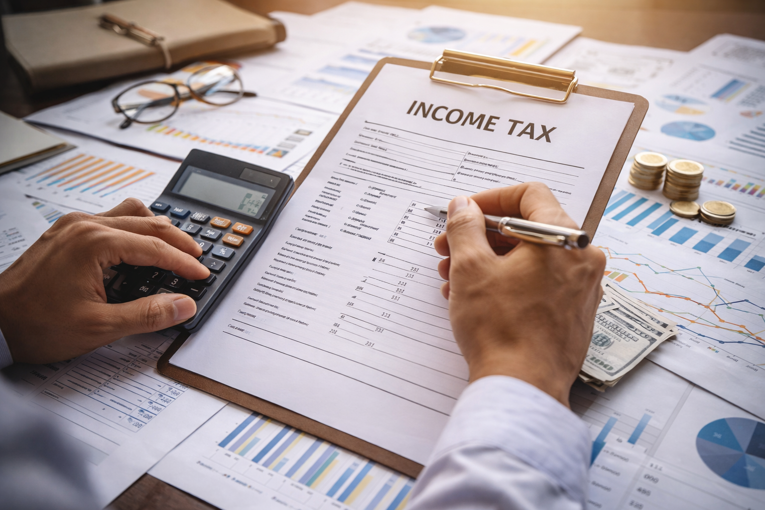 Person calculating income tax with documents and financial charts