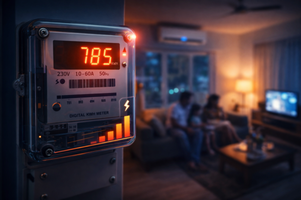 Electric meter showing rising units with household electricity usage concept