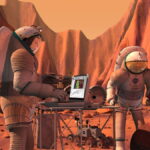 SpaceX Starship rocket concept traveling toward Mars for future human missions.