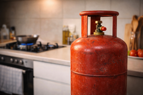 LPG gas cylinder in kitchen representing household cooking fuel cost