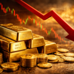 Gold bars and coins with falling price trend representing sudden drop in gold rates