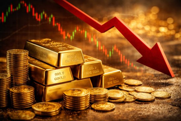 Gold bars and coins with falling price trend representing sudden drop in gold rates