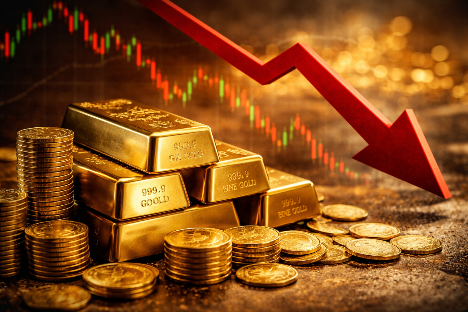 Gold bars and coins with falling price trend representing sudden drop in gold rates
