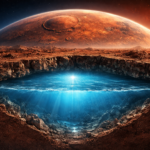 Scientific illustration showing possible underground water reservoirs beneath the surface of Mars.