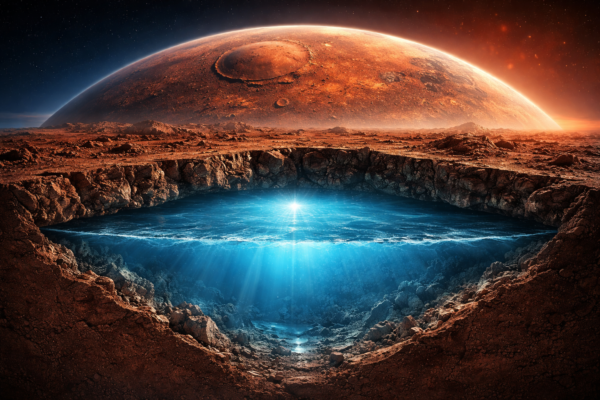 Scientific illustration showing possible underground water reservoirs beneath the surface of Mars.