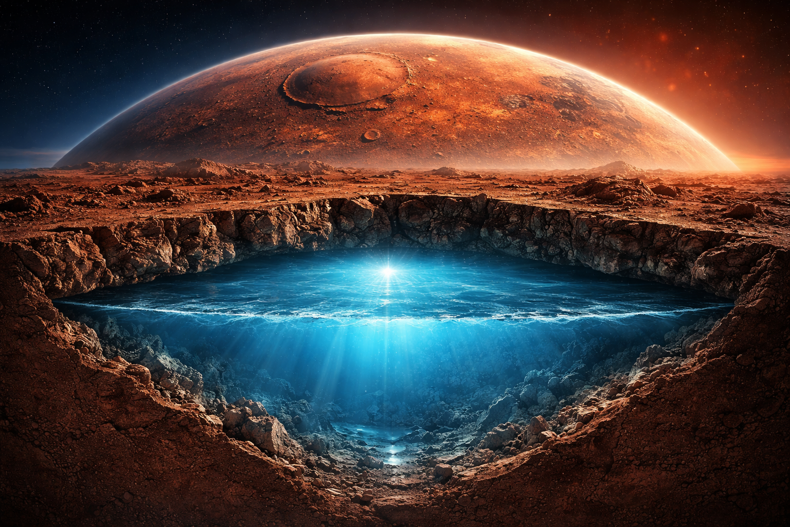 Scientific illustration showing possible underground water reservoirs beneath the surface of Mars.