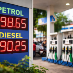 Fuel station with petrol and diesel price display showing fluctuation