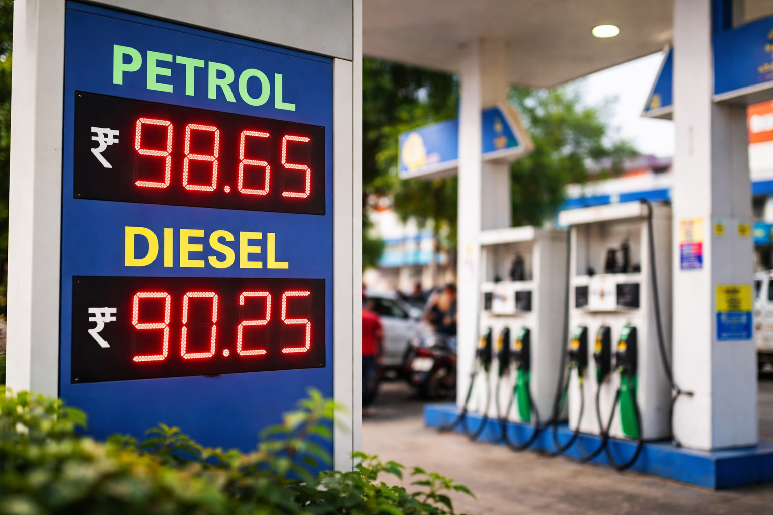 Fuel station with petrol and diesel price display showing fluctuation