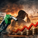 Petrol pump nozzle, rising cost symbols, and public concern visual representing unchanged fuel prices despite duty cut in India