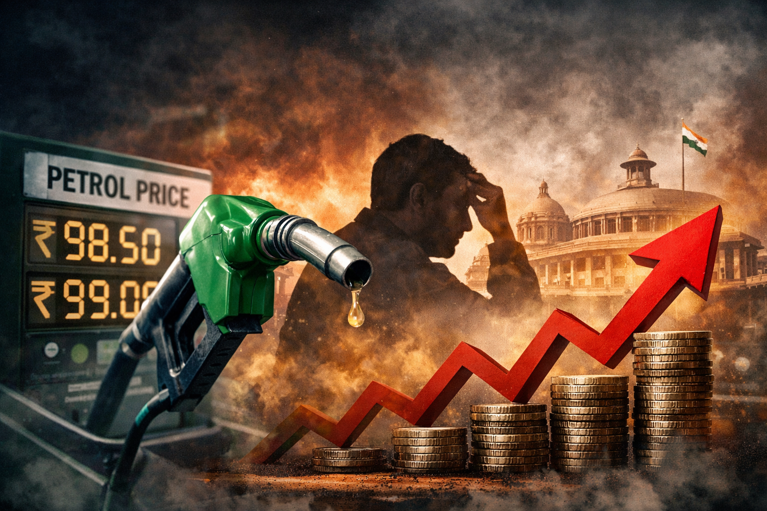 Petrol pump nozzle, rising cost symbols, and public concern visual representing unchanged fuel prices despite duty cut in India