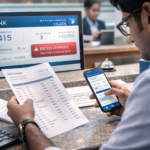 Bank customer reviewing account charges with financial documents and digital banking interface