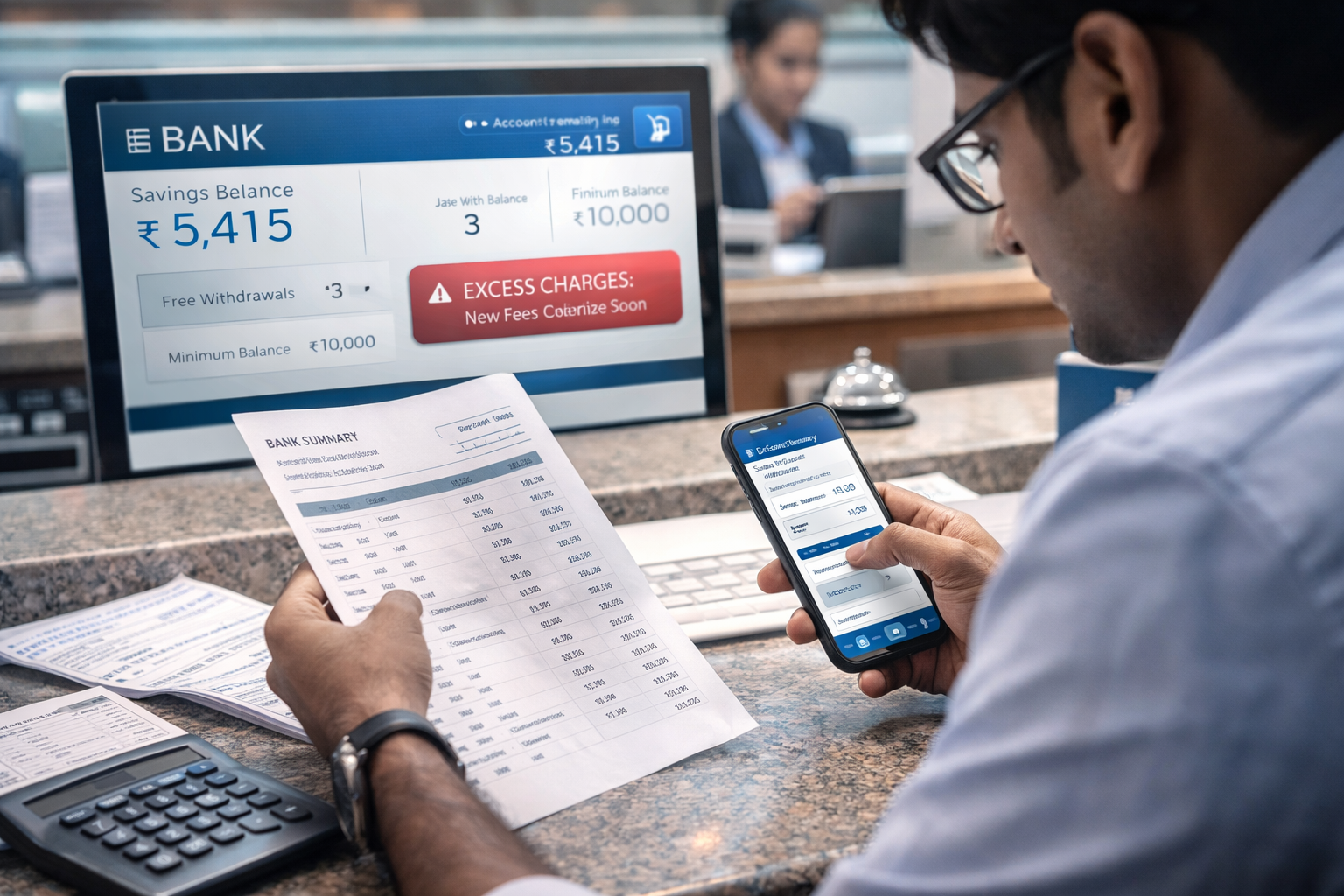 Bank customer reviewing account charges with financial documents and digital banking interface