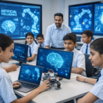 Students learning artificial intelligence and robotics in a future-ready classroom in India