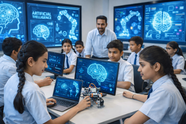 Students learning artificial intelligence and robotics in a future-ready classroom in India