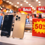 Smartphones displayed in retail environment with shopping and discount concept