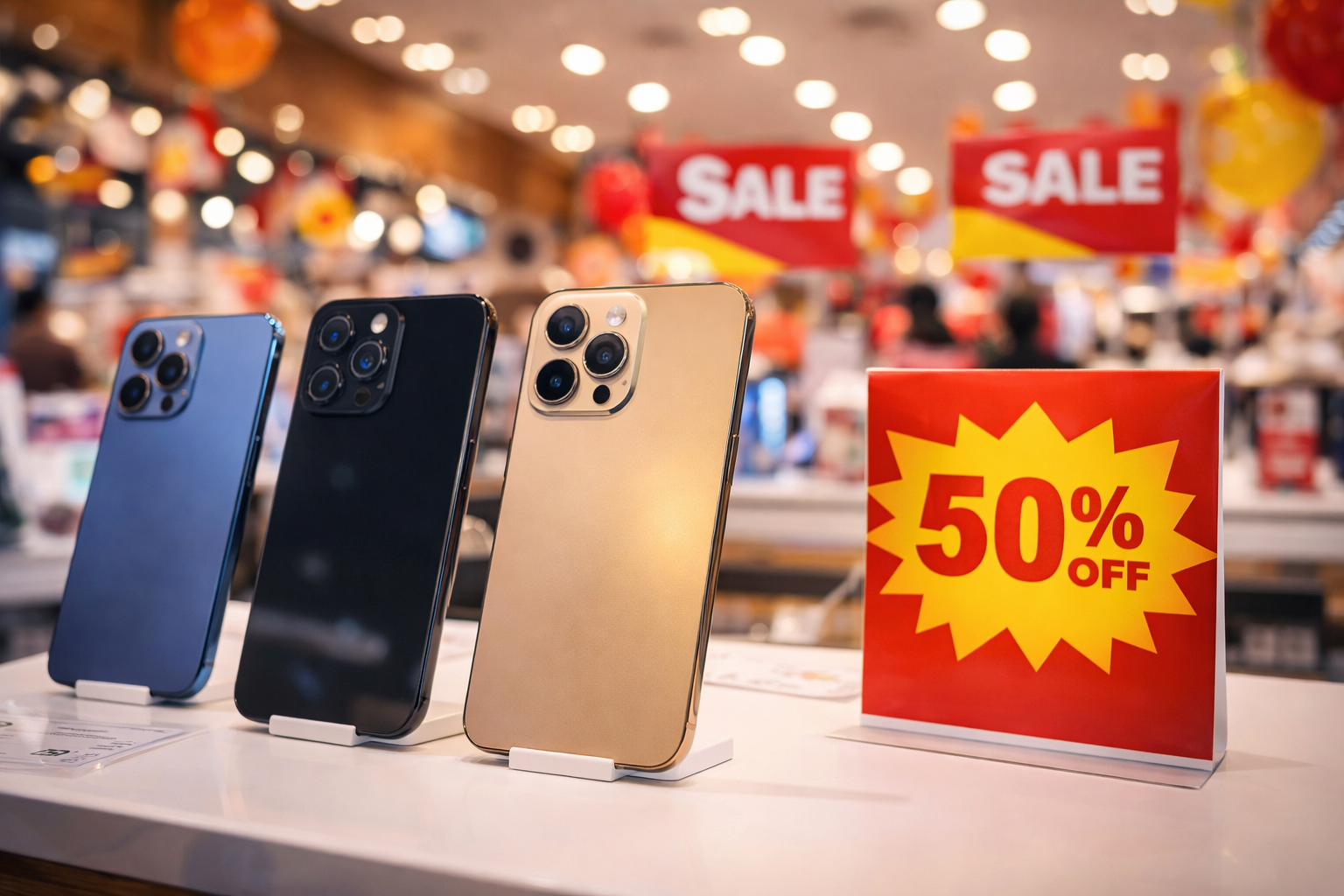 Smartphones displayed in retail environment with shopping and discount concept