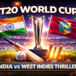 T20 World Cup trophy displayed in a packed stadium with India and West Indies flags representing an IND vs WI cricket thriller.