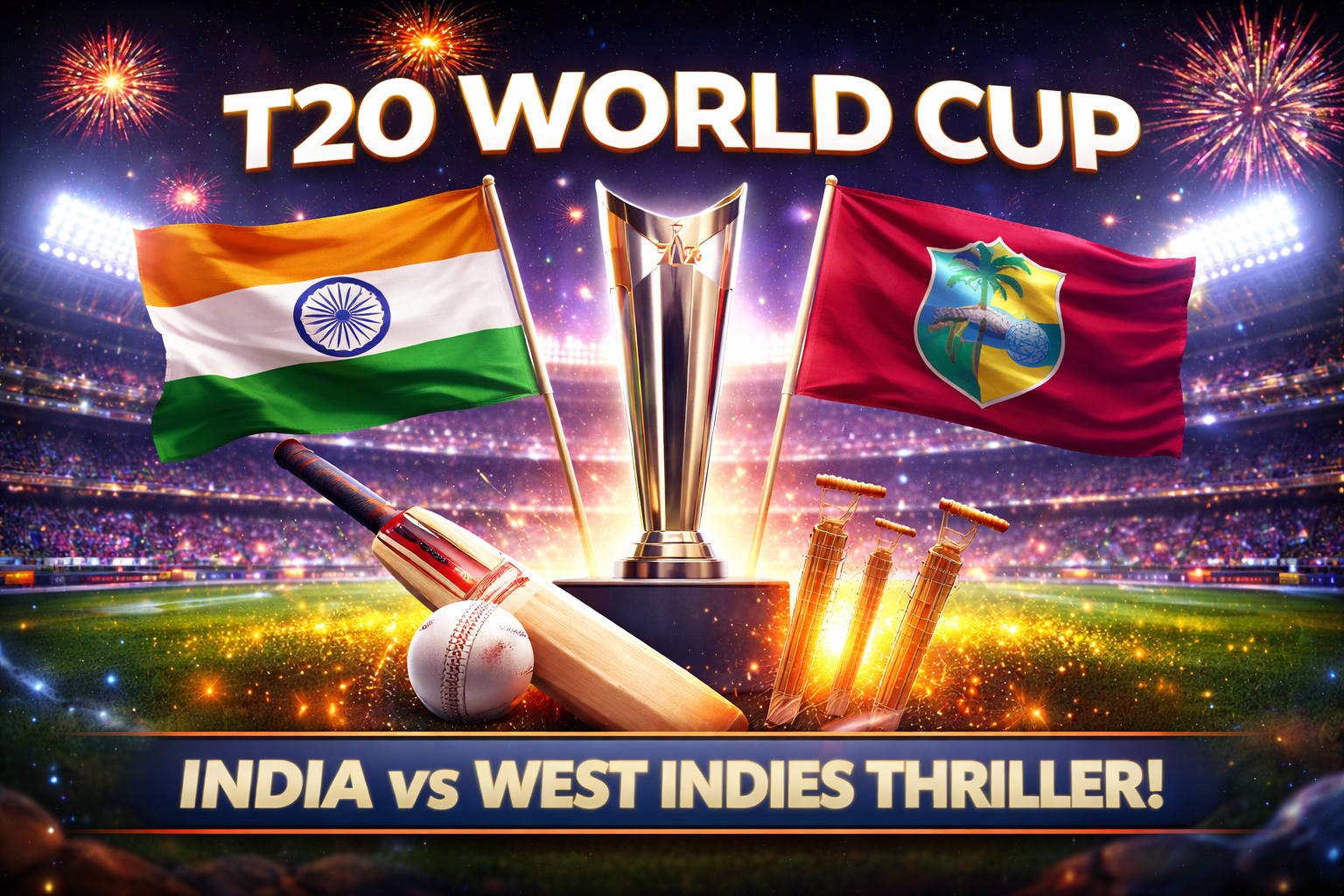 T20 World Cup trophy displayed in a packed stadium with India and West Indies flags representing an IND vs WI cricket thriller.