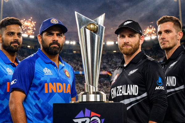 India and New Zealand players under stadium lights before the T20 World Cup final match.