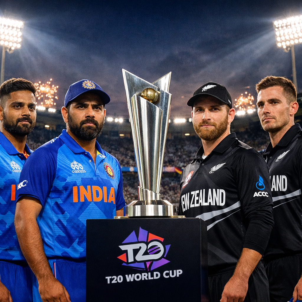 India and New Zealand players under stadium lights before the T20 World Cup final match.