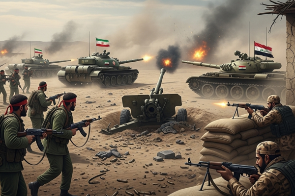 Military conflict scene in Iraq showing armed vehicles and smoke rising after reported militia attacks.