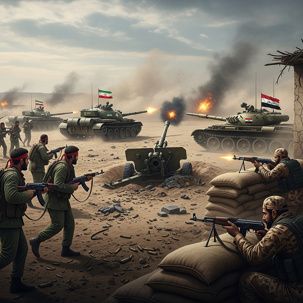 Military conflict scene in Iraq showing armed vehicles and smoke rising after reported militia attacks.