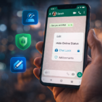 Smartphone showing WhatsApp chat interface with privacy and messaging features