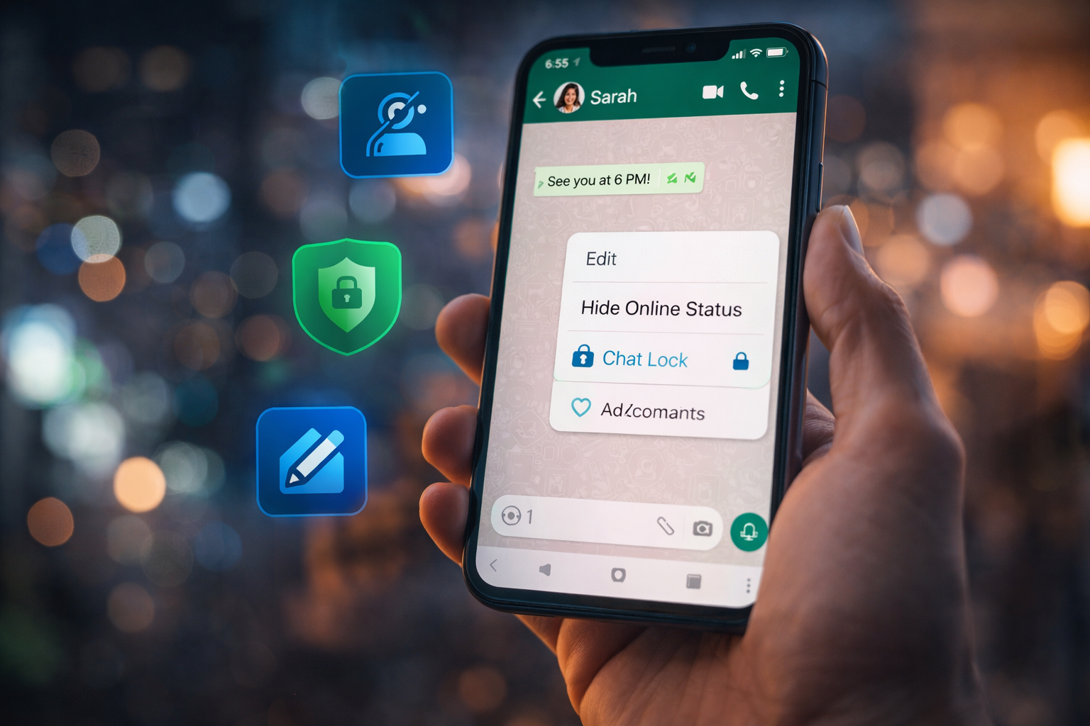 Smartphone showing WhatsApp chat interface with privacy and messaging features