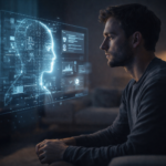 Man interacting with futuristic AI hologram interface representing human mental health and technology impact