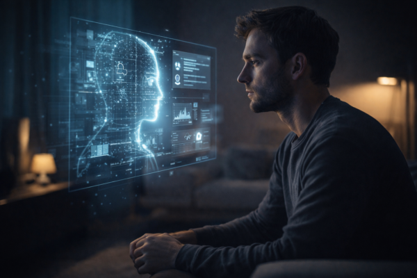 Man interacting with futuristic AI hologram interface representing human mental health and technology impact