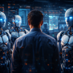 Human worker facing AI robots symbolizing job replacement and automation