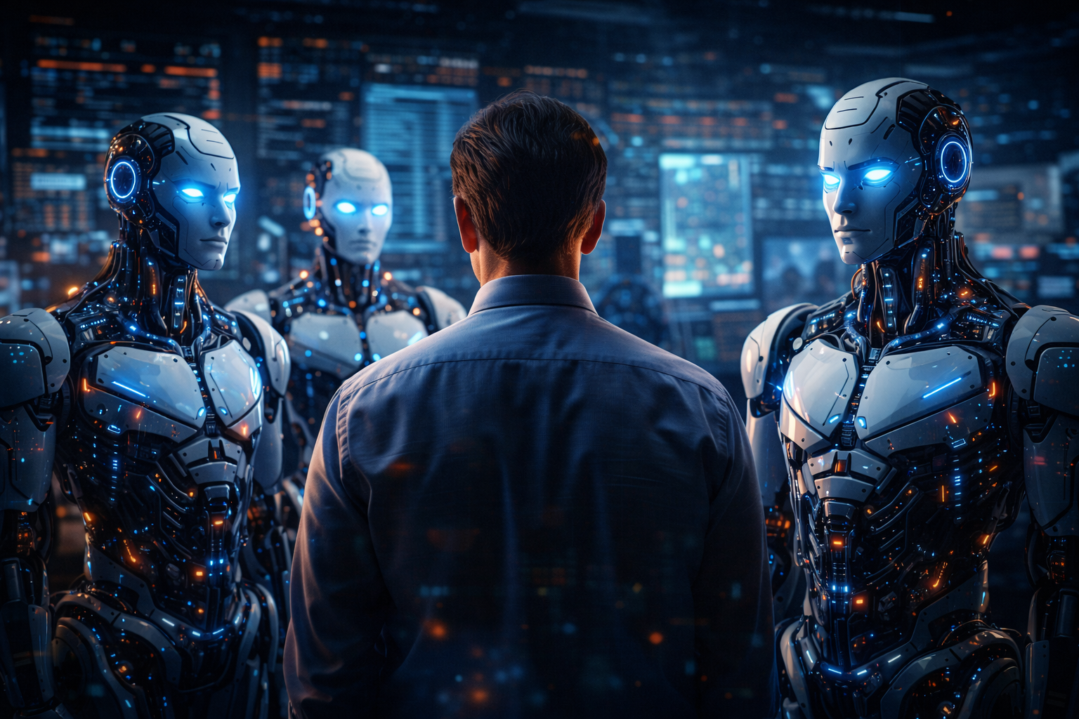 Human worker facing AI robots symbolizing job replacement and automation