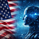 Artificial intelligence concept with US flag representing regulation and technology