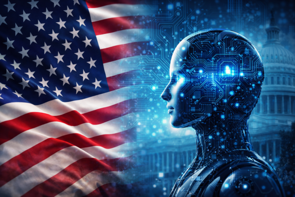 Artificial intelligence concept with US flag representing regulation and technology