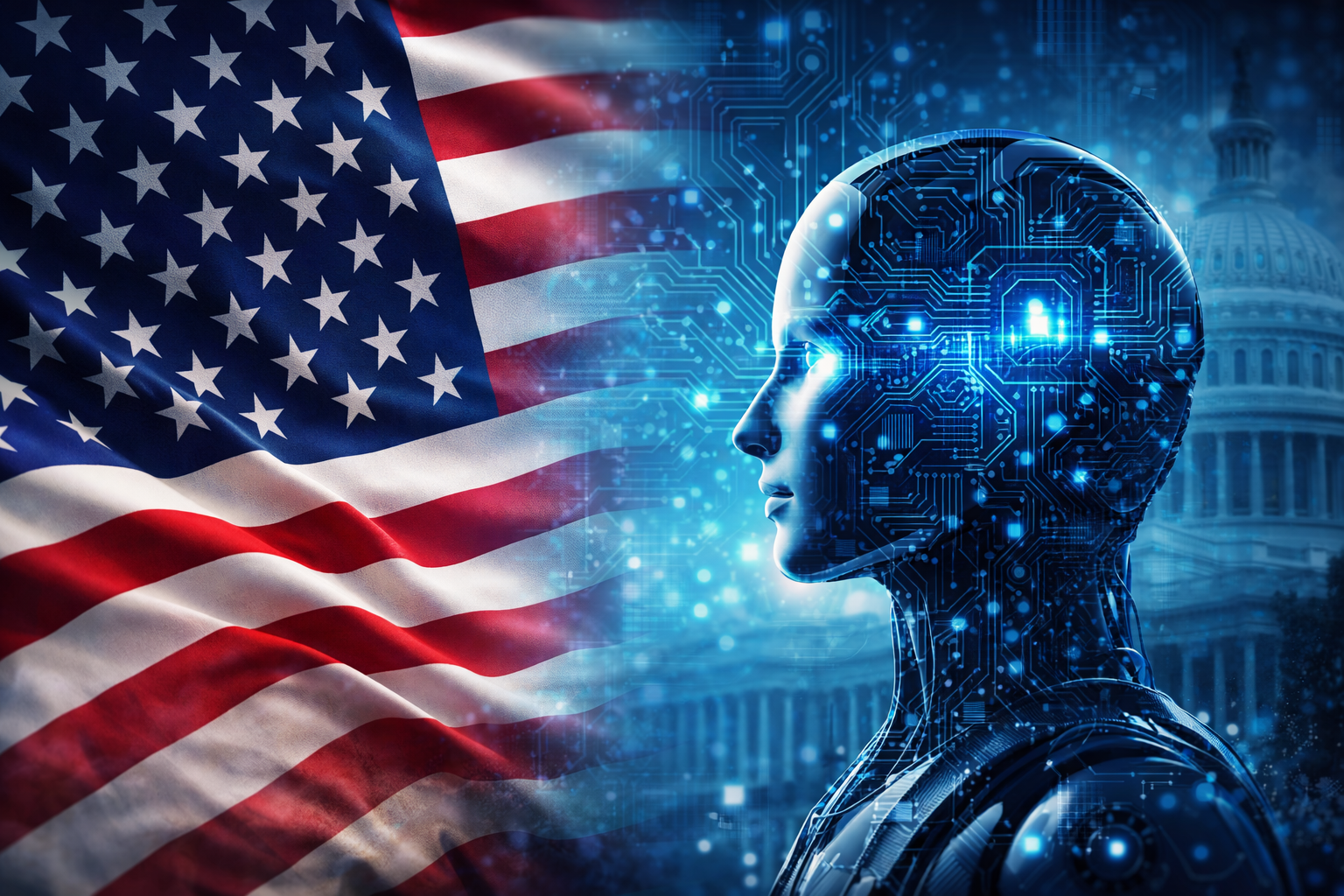 Artificial intelligence concept with US flag representing regulation and technology