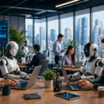 Humans and humanoid robots working together in a modern office representing AI-driven workplace transformation