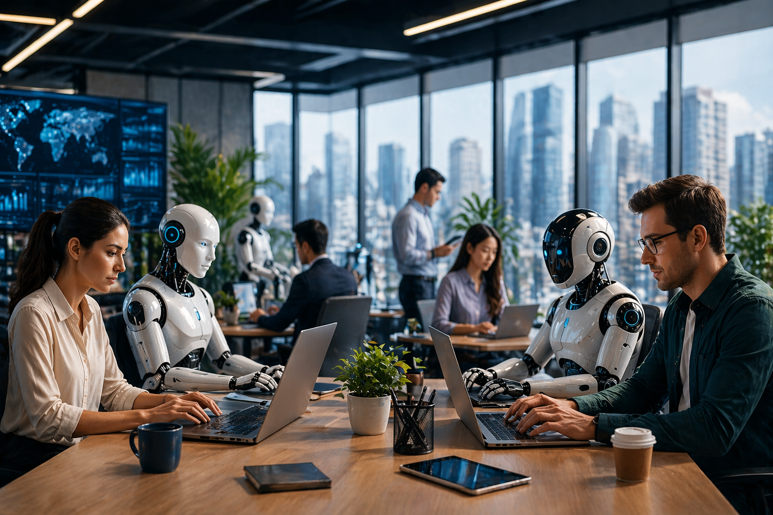 Humans and humanoid robots working together in a modern office representing AI-driven workplace transformation