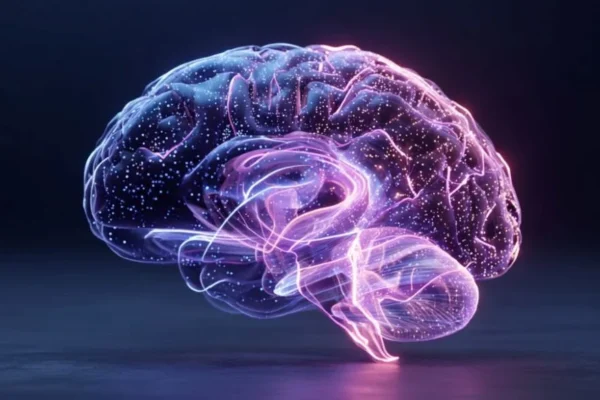 Brain connected to digital system representing brain-computer interface technology