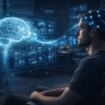 Man using brain-computer interface technology connected to a digital human brain hologram in a futuristic lab
